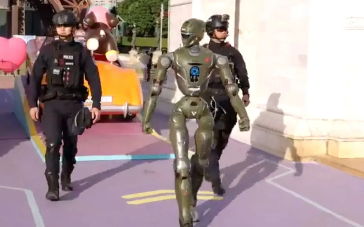 This humanoid police officer in China looks halfway between Robocop and Terminator, and it