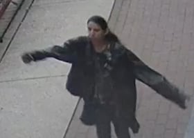A grainy photograph of a woman wearing an over-sized black coat. She has dark black hair. Her arms are outstretched as she walks on a pathway.