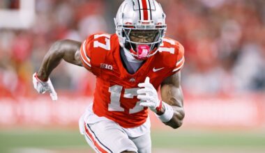 FILE - Ohio State receiver Carnell Tate plays against Ohio State during an NCAA college football game, Oct. 4, 2025, in Columbus, Ohio. (AP Photo/Jay LaPrete, File)