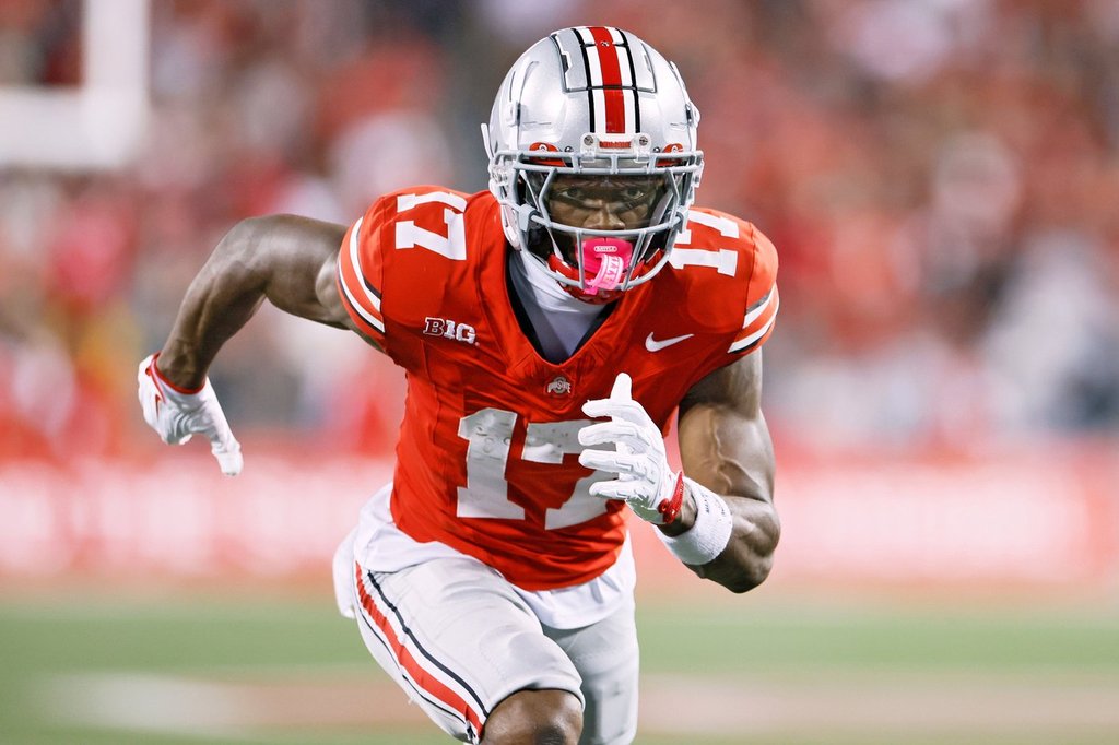 FILE - Ohio State receiver Carnell Tate plays against Ohio State during an NCAA college football game, Oct. 4, 2025, in Columbus, Ohio. (AP Photo/Jay LaPrete, File)