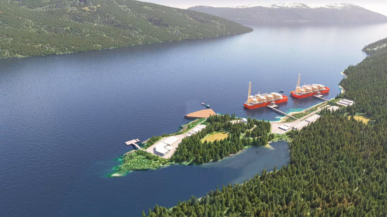 An aerial view of a rendering of an ocean-side export facility.