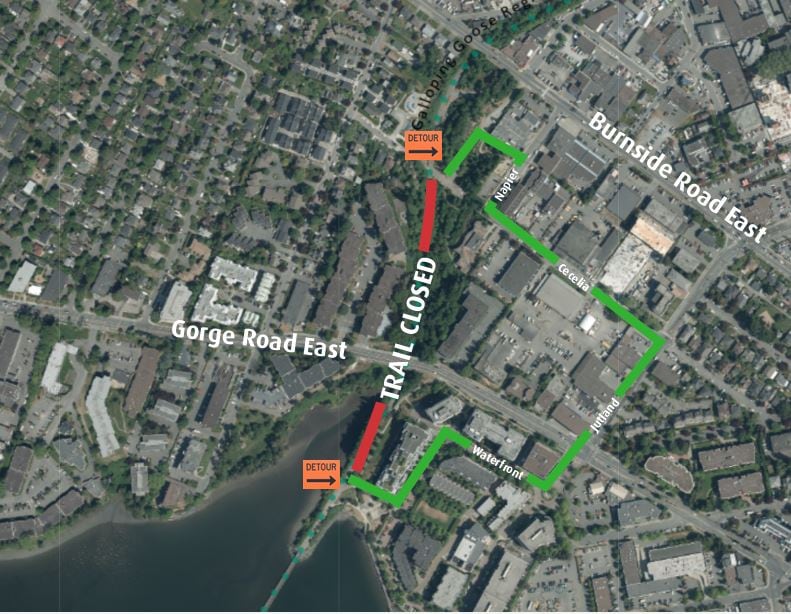 A map shows a red line that says "trail closed," and a green line with a detour route. 