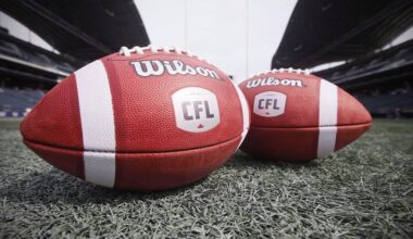 New CFL balls are photographed at the Winnipeg Blue Bombers stadium in Winnipeg, Thursday, May 24, 2018. THE CANADIAN PRESS/John Woods