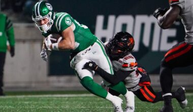 B.C. Lions defensive back Robert Carter Jr. (26) tackles Saskatchewan Roughriders receiver Joe Robustelli (82) during the first half of CFL West Division Final football action in Regina, on Saturday, November 8, 2025. THE CANADIAN PRESS/Heywood Yu