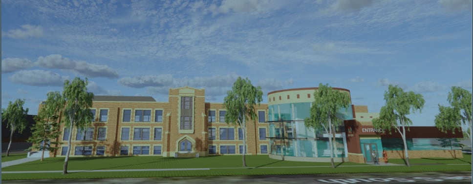 A conceptual drawing shows the front of a historic building made of brick.