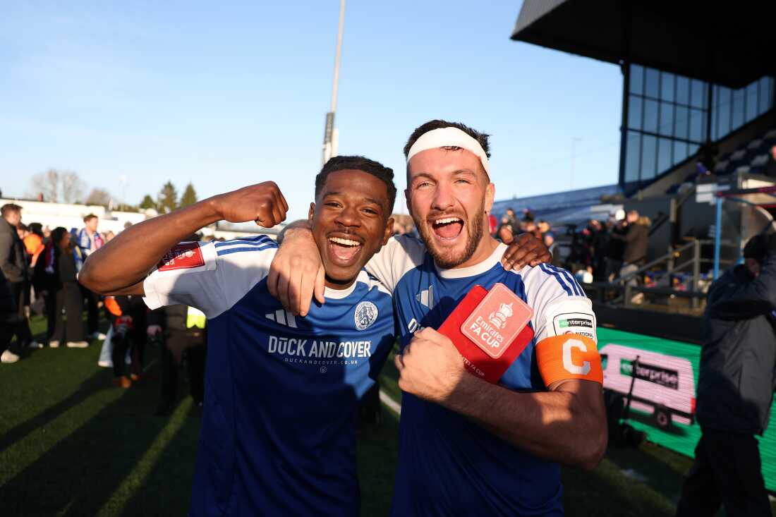 Goal scorers Isaac Buckley-Ricketts and Paul Dawson of Macclesfield celebrate after the team's victory following the Emirates FA Cup Third Round match between Macclesfield and Crystal Palace at Moss Rose Ground on January 10, 2026 in Macclesfield, England.