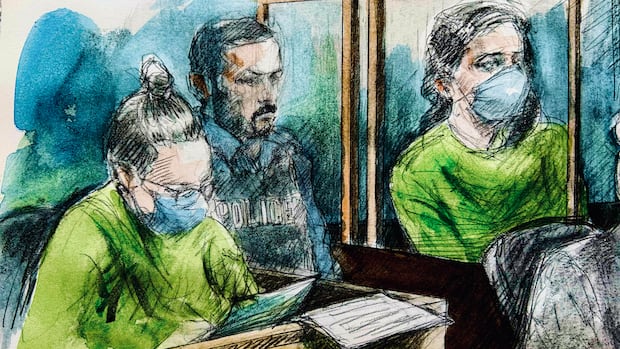 A court sketch showing two women in green prison jumpsuits seated in boxes with a police officer in-between them.