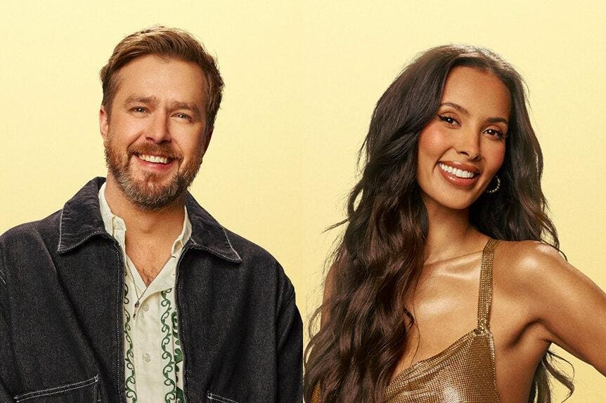 Love Island All Stars Season 3 - Iain Stirling and Maya Jama in the Love Island All Stars USA Season 3 press portraits.  
