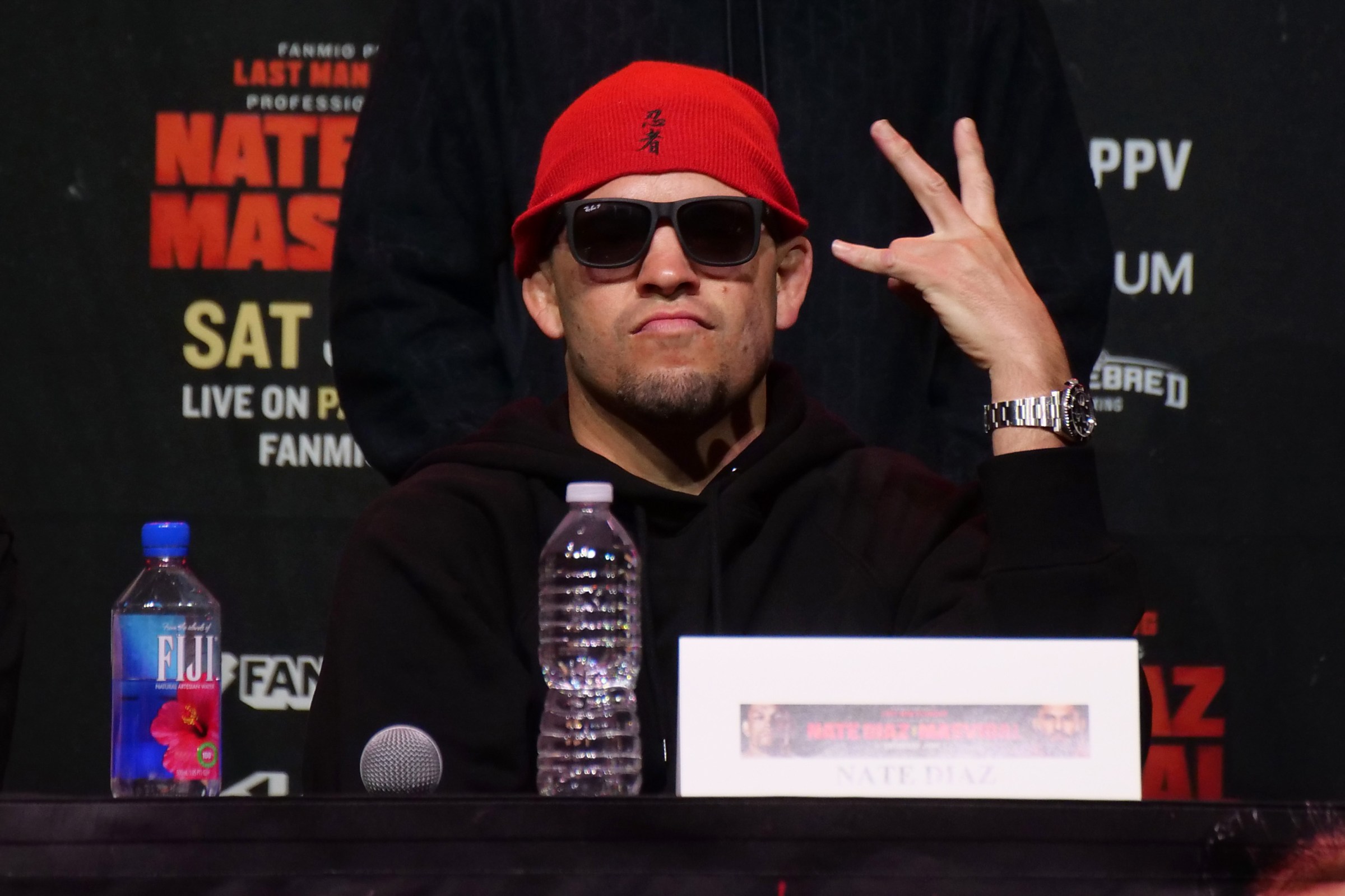 LOS ANGELES, CALIFORNIA - APRIL 19: Nate Diaz reacts during the Nate Diaz v Jorge Masvidal press event “The Baddest Tour” at The Novo on April 19, 2024 in Los Angeles, California. (Photo by Kaelin Mendez/Getty Images)
