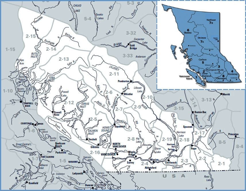 A detailed map highlighting a region within the Province of B.C. with an inset map on the top-right corner showing wildlife management units across B.C.