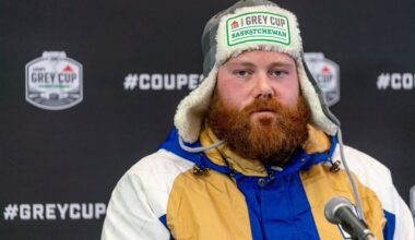 Winnipeg Blue Bombers offensive lineman Pat Neufeld speaks to members of media after practice at Leibel Field in Regina on Nov. 16, 2022. THE CANADIAN PRESS/Heywood Yu