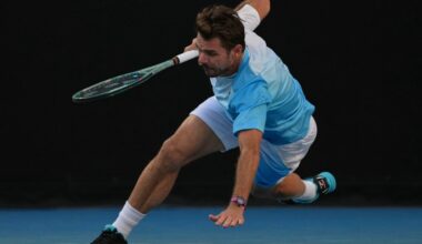 Stan Wawrinka of Switzerland falls during his second round match against Arthur Gea of France at the Australian Open tennis championship in Melbourne, Australia, Thursday, Jan. 22, 2026. (AP Photo/Dita Alangkara)