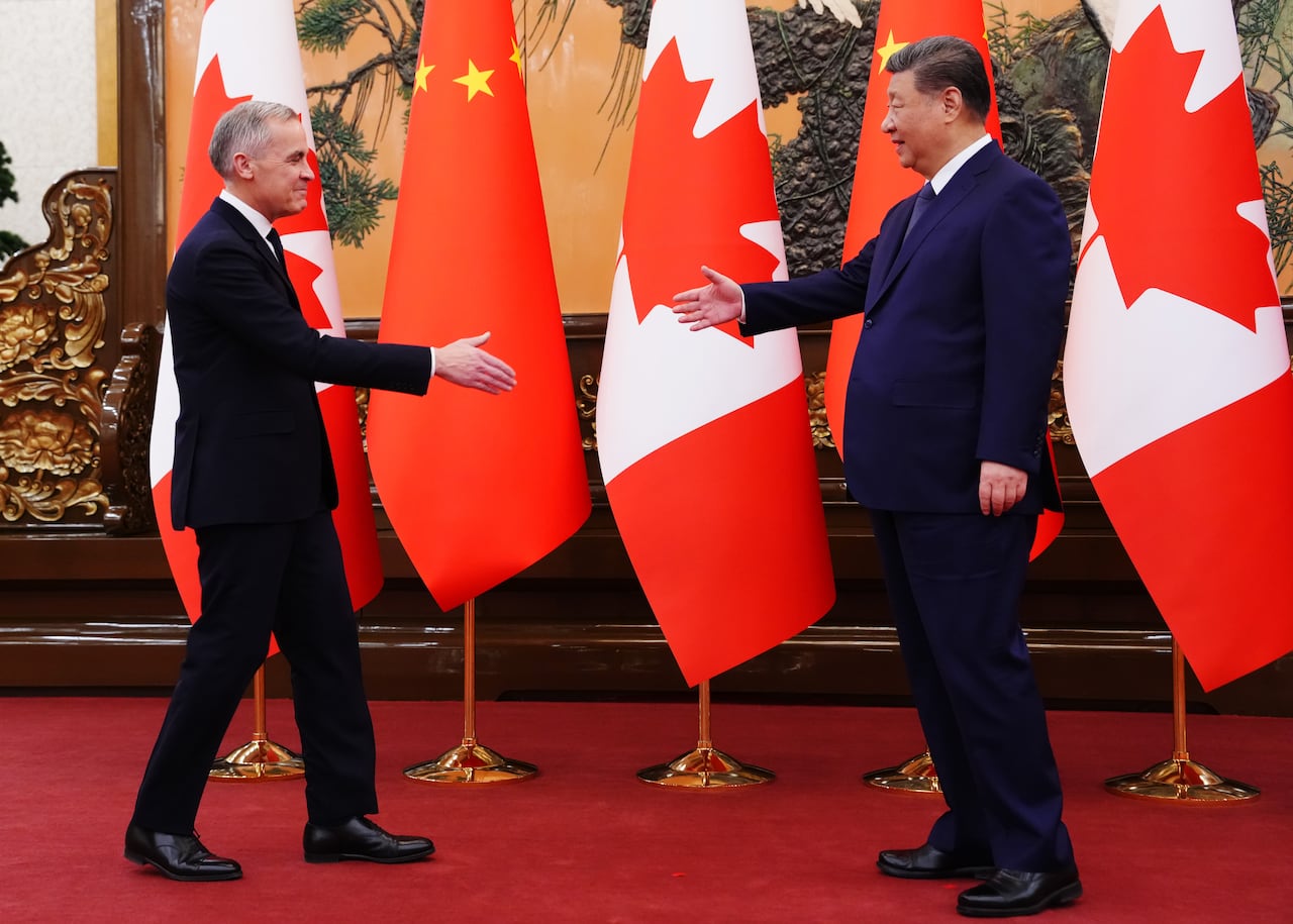 Prime Minister Mark Carney meets with President of China Xi Jinping at the Great Hall of the People in Beijing, China on Friday, Jan. 16, 2026.