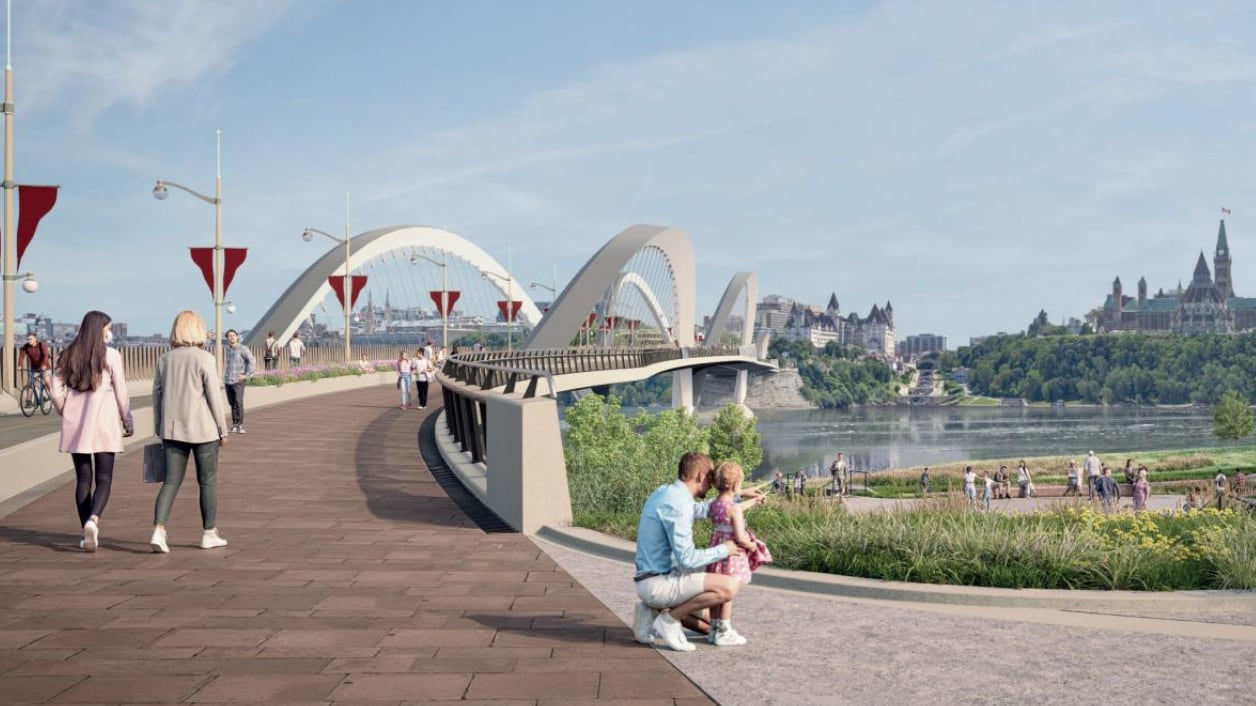 A rendering of a bridge over a river between two cities in summer.