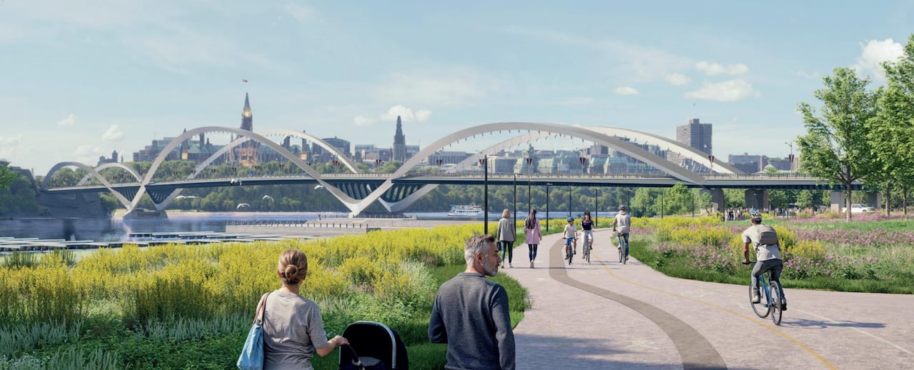 A rendering of a bridge over a river between two cities in summer.