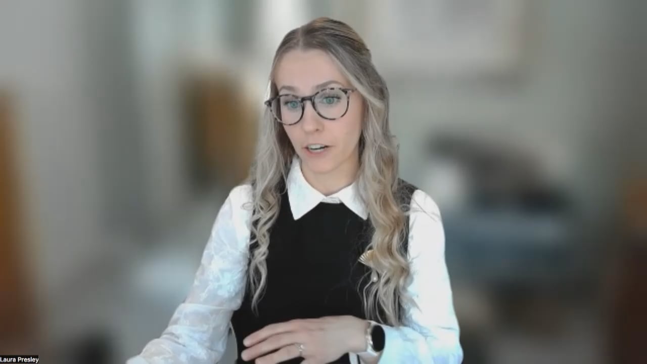 A woman being interviewed via Zoom.