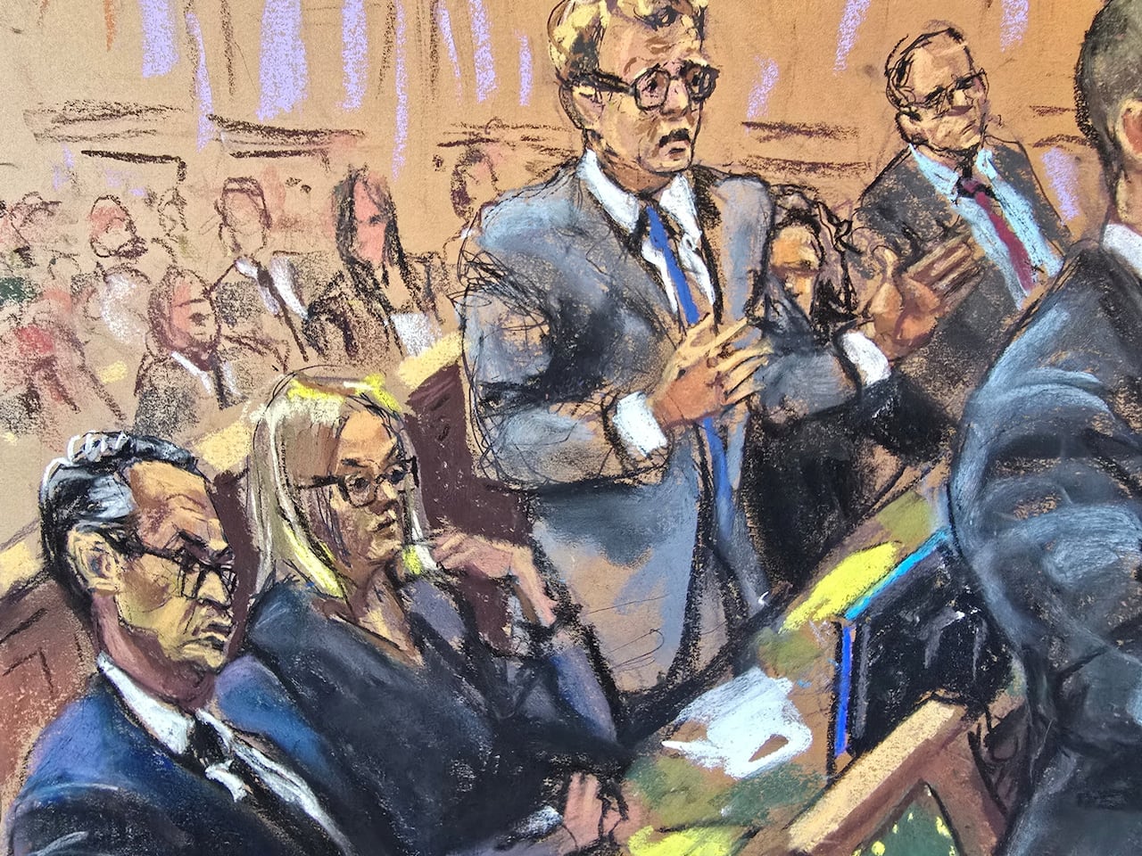 A court sketch showing a man in a suit standing and speaking. 