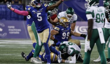 Winnipeg Blue Bombers’ Willie Jefferson (5) celebrates a sack on Saskatchewan Roughriders quarterback Jake Maier (9) by James Vaughters (93) and Cameron Lawson (99) during first half CFL action in Winnipeg, Friday, Oct. 17, 2025. THE CANADIAN PRESS/John Woods