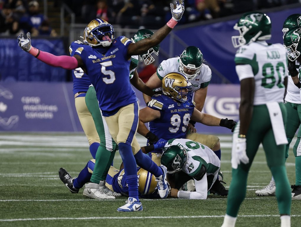 Winnipeg Blue Bombers’ Willie Jefferson (5) celebrates a sack on Saskatchewan Roughriders quarterback Jake Maier (9) by James Vaughters (93) and Cameron Lawson (99) during first half CFL action in Winnipeg, Friday, Oct. 17, 2025. THE CANADIAN PRESS/John Woods