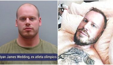 Two images of same man, one that looks like a mugshot and another of him, staring at the camera while lying shirtless in bed revealing a tattoo of a lion on left part of his chest.