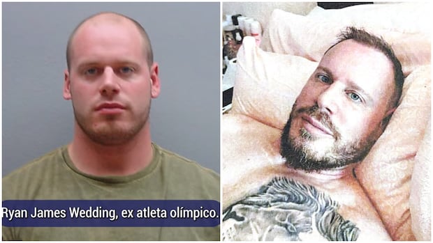 Two images of same man, one that looks like a mugshot and another of him, staring at the camera while lying shirtless in bed revealing a tattoo of a lion on left part of his chest.