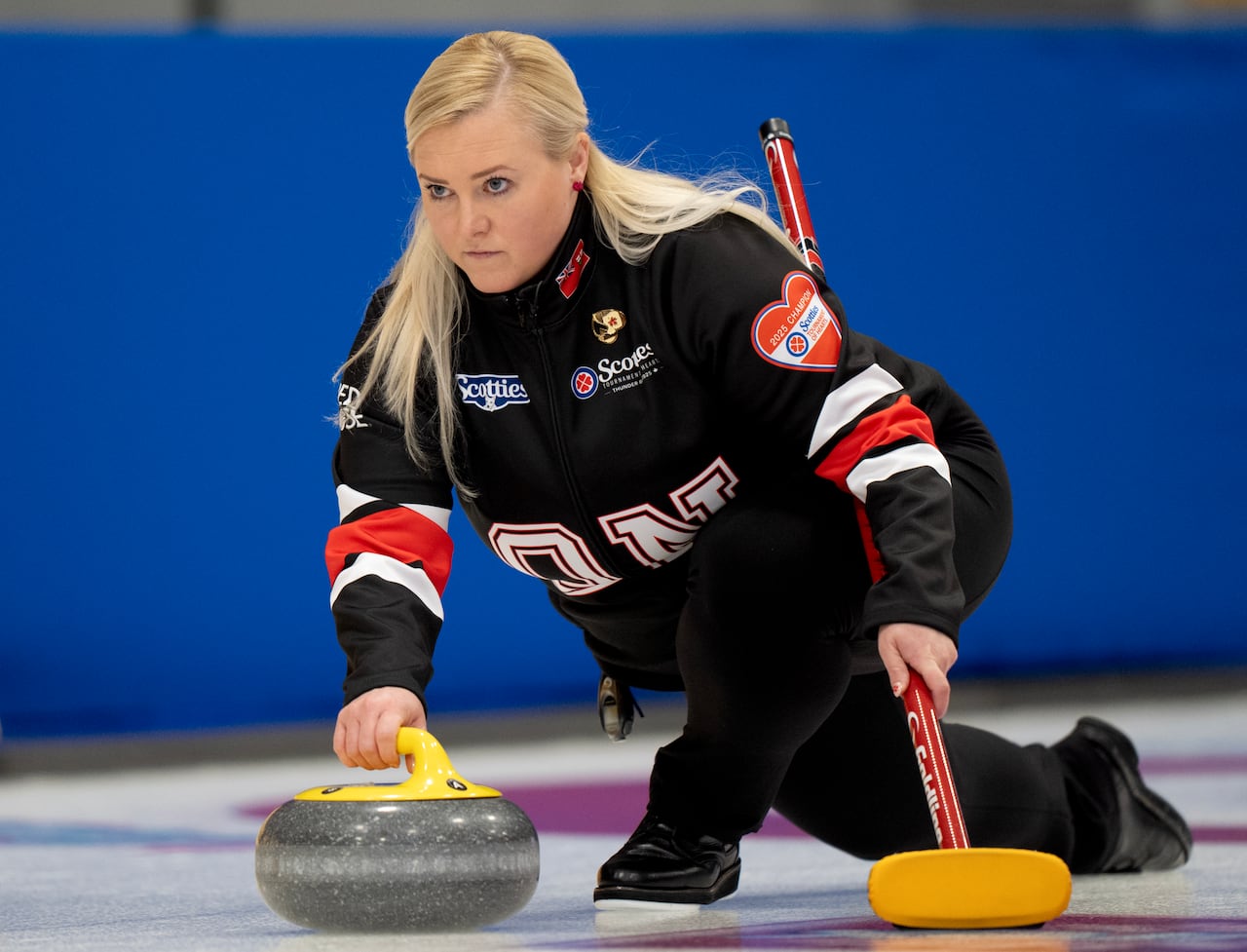 Ontario skip Danielle Inglis delivers a stone during Scotties Tournament of Hearts action against Manitoba's Lawes in Thunder Bay, Ont. on Monday, February 17, 2025. THE CANADIAN PRESS/Frank Gunn