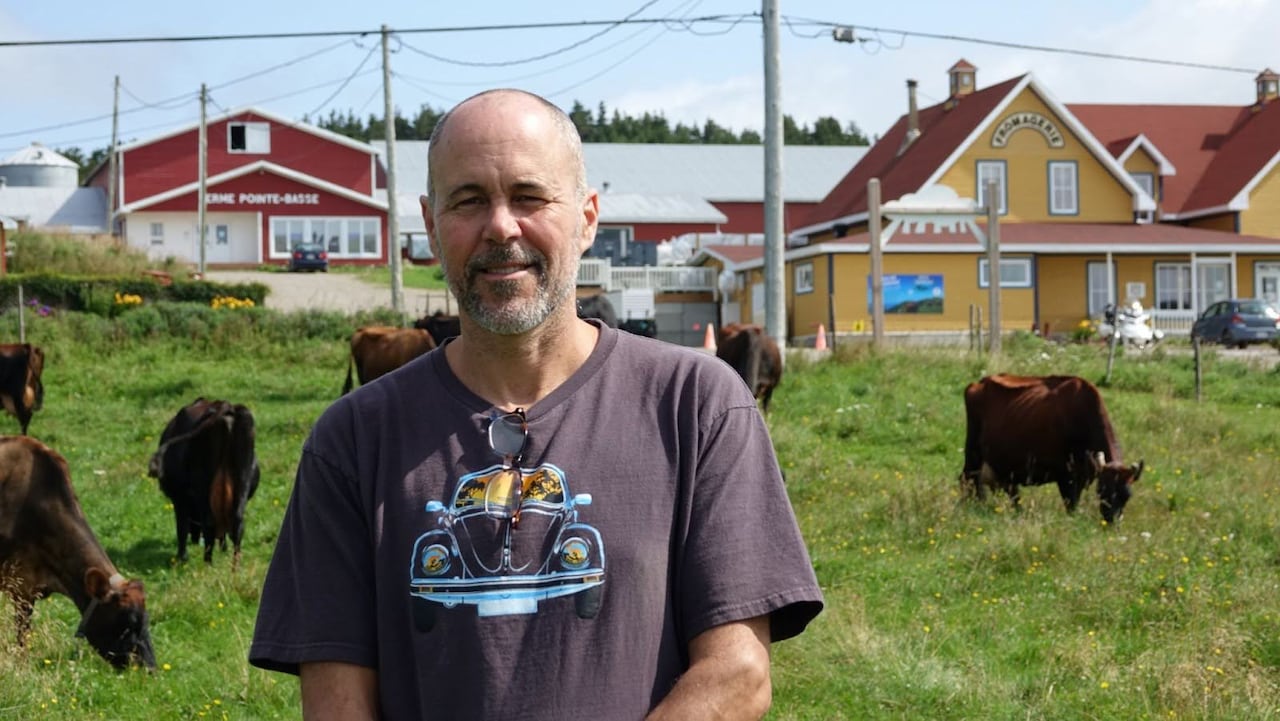 A man in a cow pasture. 