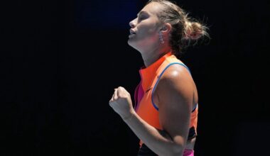 Aryna Sabalenka of Belarus reacts after defeating Anastasia Potapova of Austria in their third round match at the Australian Open tennis championship in Melbourne, Australia, Friday, Jan. 23, 2026. (AP Photo/Asanka Brendon Ratnayake)