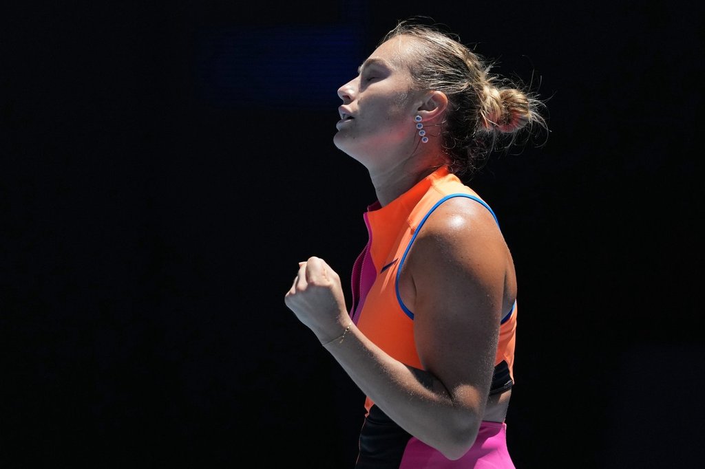 Aryna Sabalenka of Belarus reacts after defeating Anastasia Potapova of Austria in their third round match at the Australian Open tennis championship in Melbourne, Australia, Friday, Jan. 23, 2026. (AP Photo/Asanka Brendon Ratnayake)
