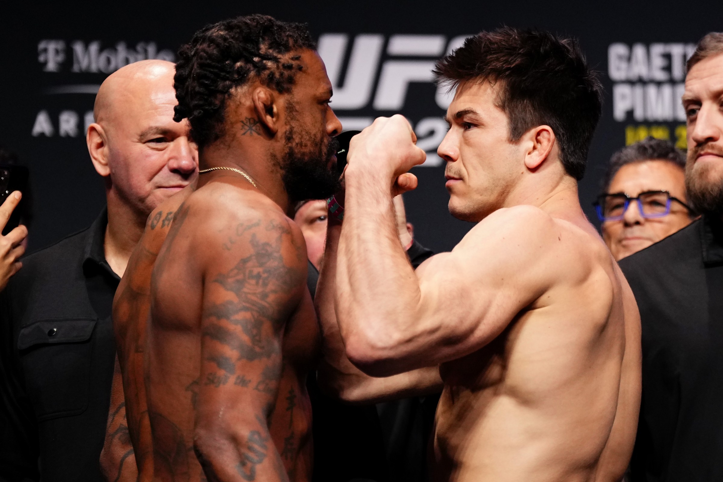 LAS VEGAS, NEVADA - JANUARY 23: (L-R) Michael Johnson and Alexander Hernandez face off during the UFC 324 ceremonial weigh-in at T-Mobile Arena on January 23, 2026 in Las Vegas, Nevada. (Photo by Jeff Bottari/Zuffa LLC)