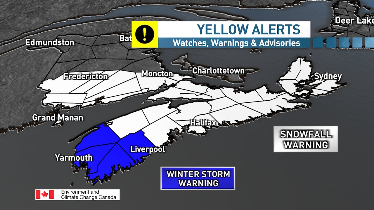 Map showing Snowfall Warnings and Winter Storm Warnings in place