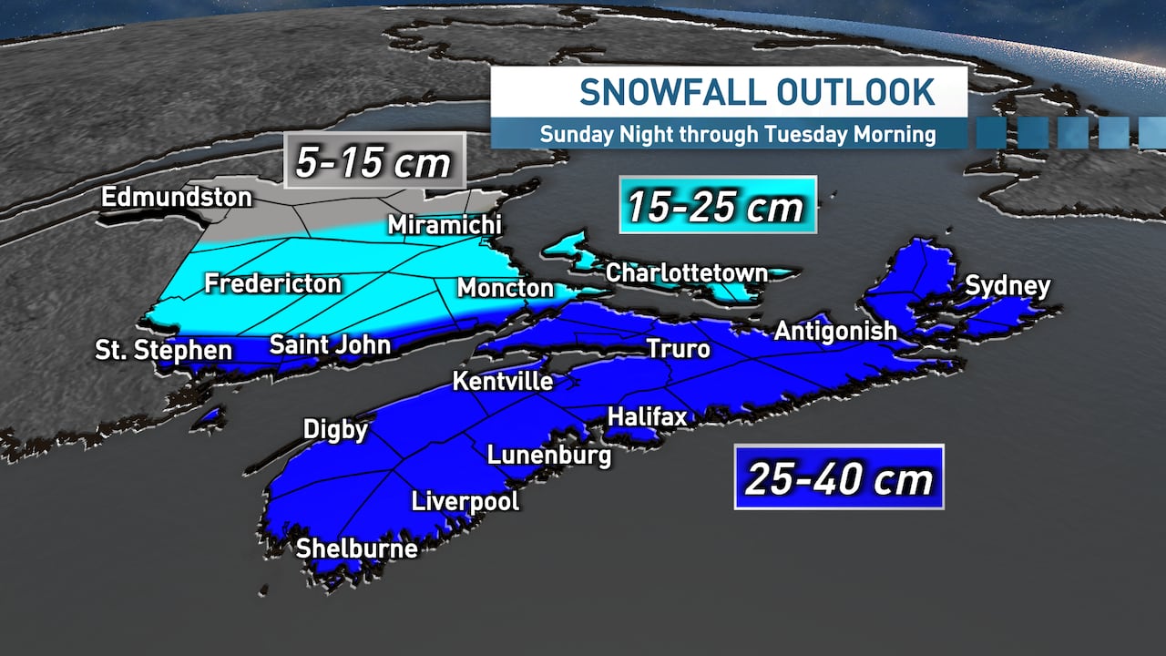 Snowfall for the Maritimes showing totals of 25-40 cm for NS and 15-25 for most of NB. 