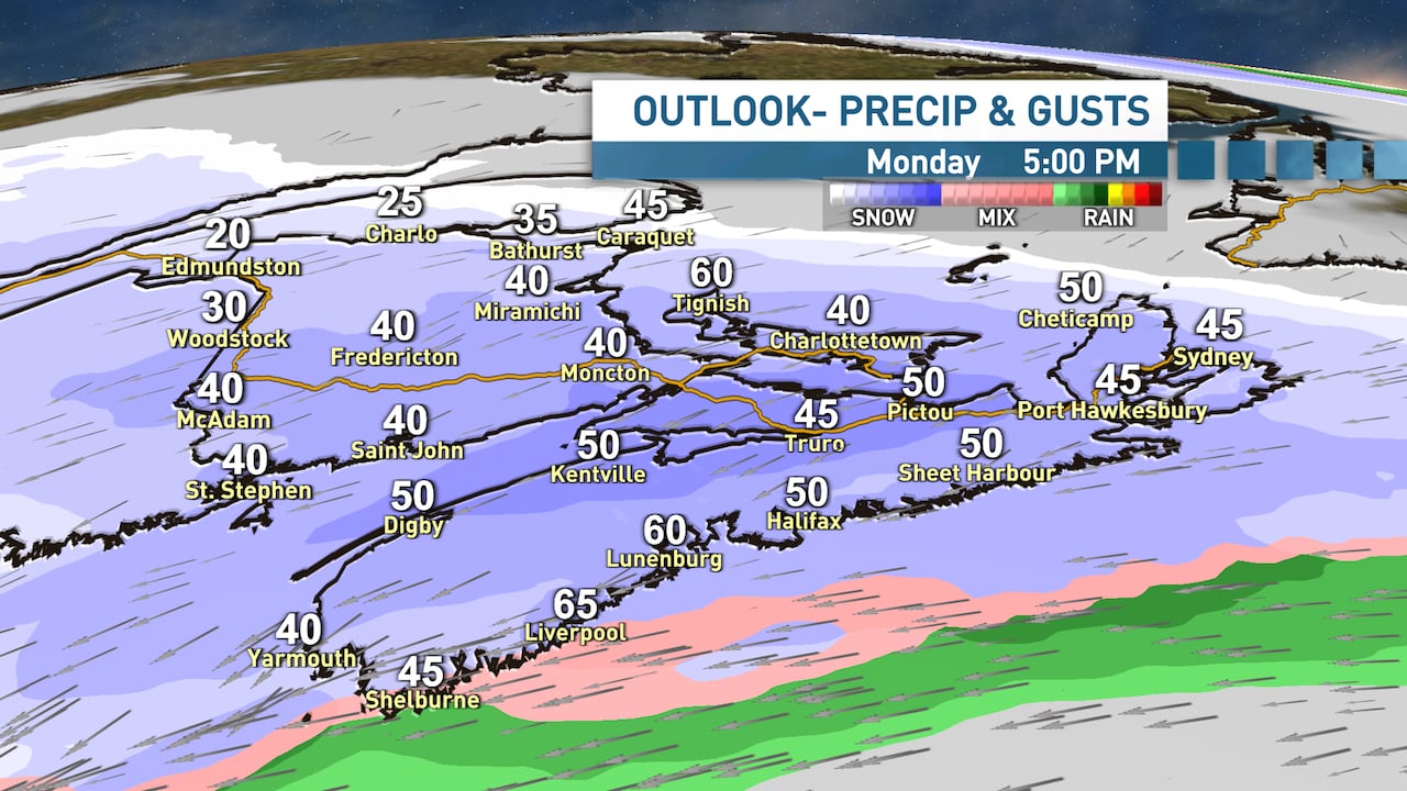 Map showing snow and gusty winds across the Maritimes at 5pm on Monday evening