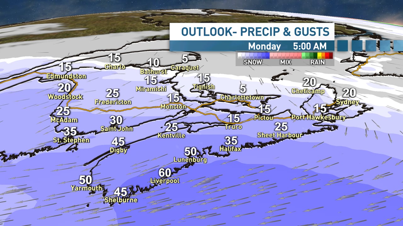Map showing snowfall across the Maritimes by Monday morning at 5am with gusty northeast winds. 
