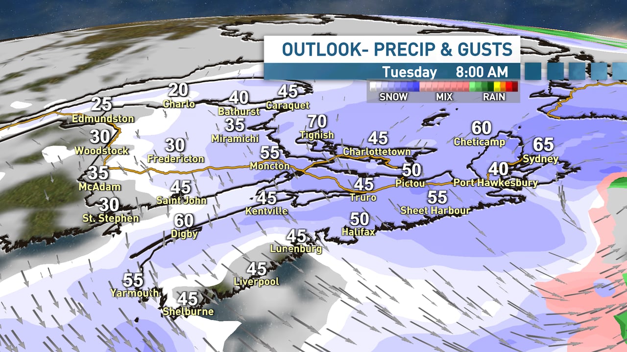 Map showing the heaviest snow and strongest winds over eastern areas of the Maritimes by Tuesday morning