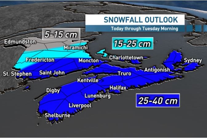 A map of the Maritimes showing forecasted snowfall amounts.