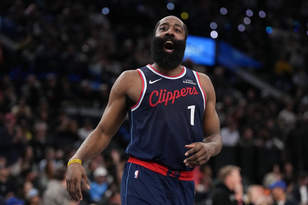 Los Angeles Clippers guard James Harden (1) celebrates his three-point basket during the second half of an NBA basketball game against the Charlotte Hornets Monday, Jan. 12, 2026, in Inglewood, Calif. (AP Photo/Jae C. Hong)