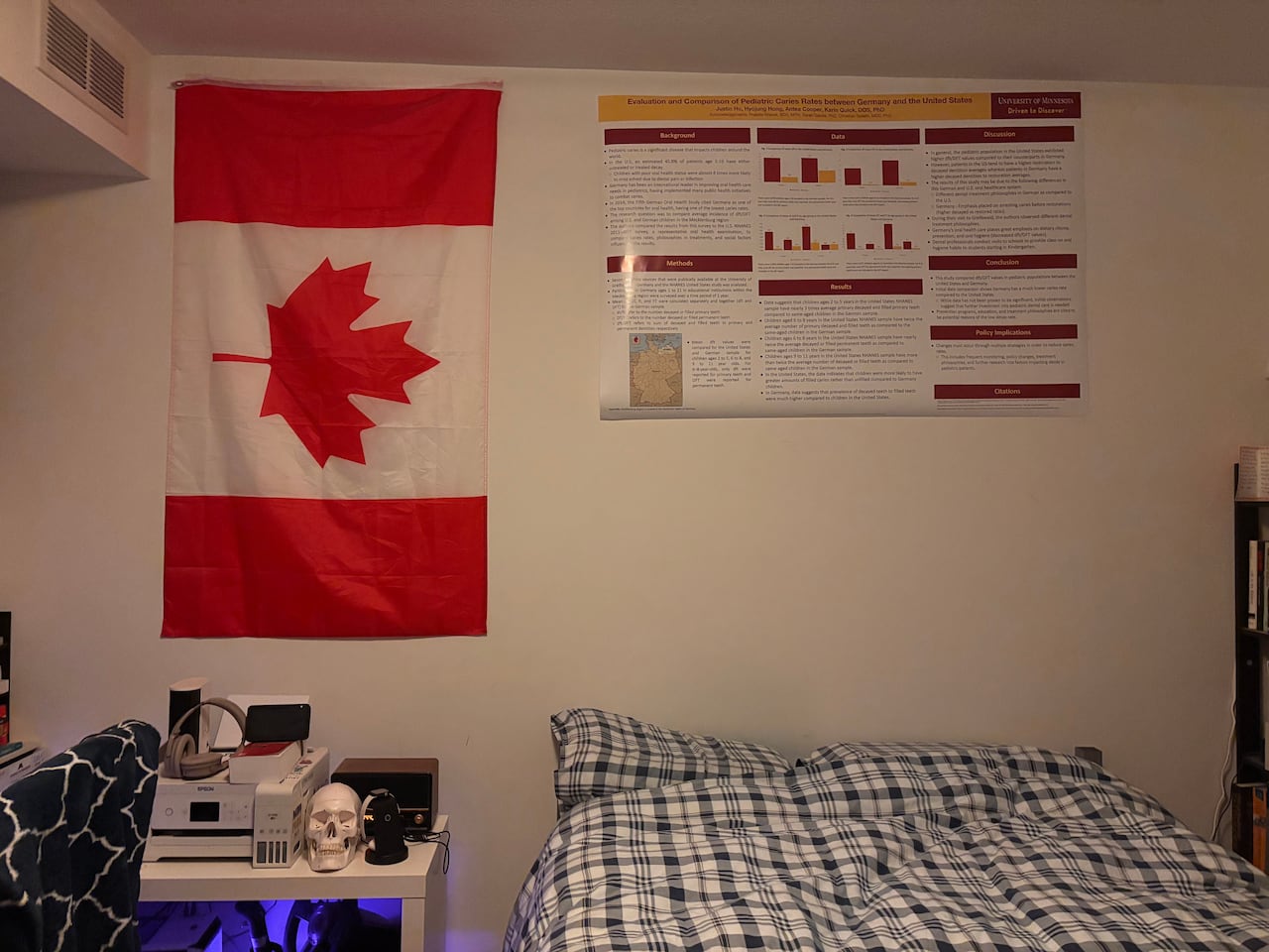 A red and white flag with a red maple leaf hangs on a wall.