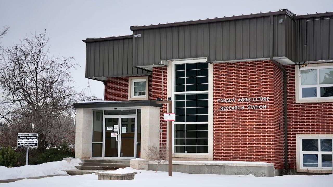 A red brick building is surrounded by some snow. There are silver letters on the building that say 'Canada Agriculture Research Centre.'