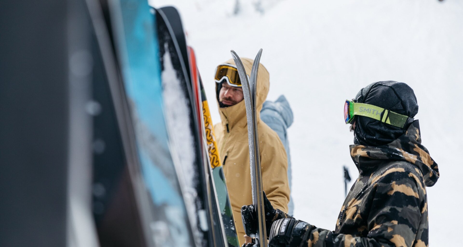 Closeup of skis on rack for testing