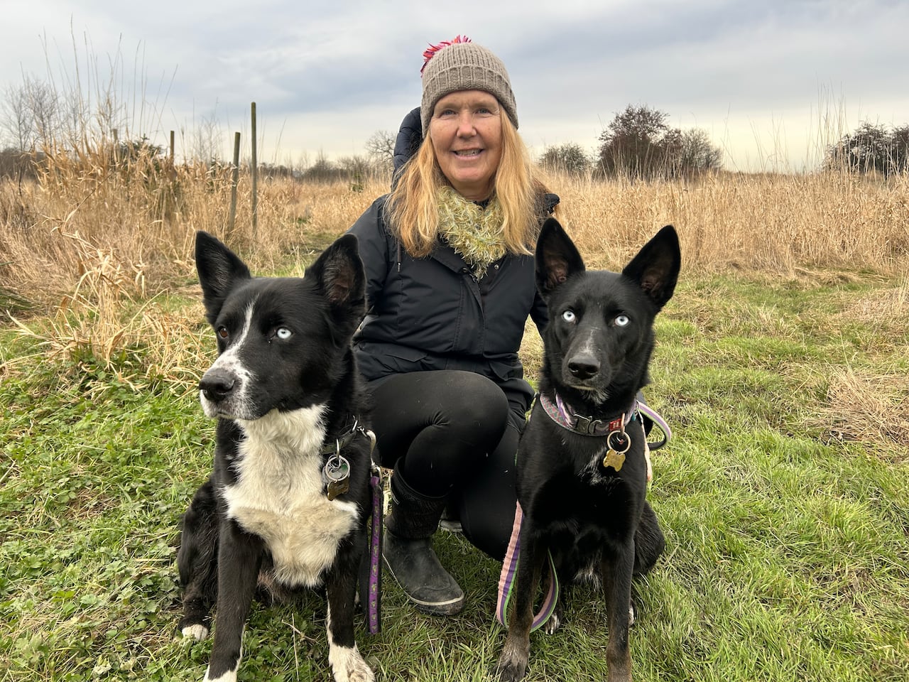 Melissa White is a white woman with blonde hair, a tan touque with red pom pom. Her dogs are black husky's and are sitting in front of her. 