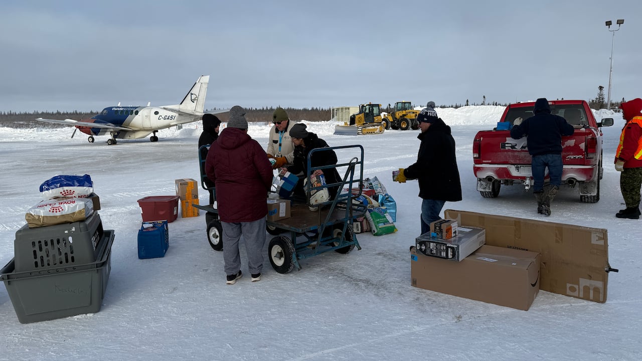 People loading a cart at an airport with a small plane in the background.