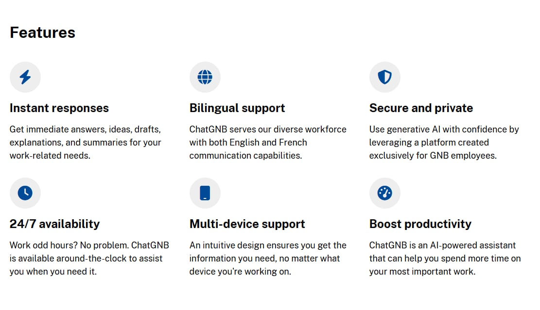 A screenshot of the ChatGNB website homepage with its capabilities listed.