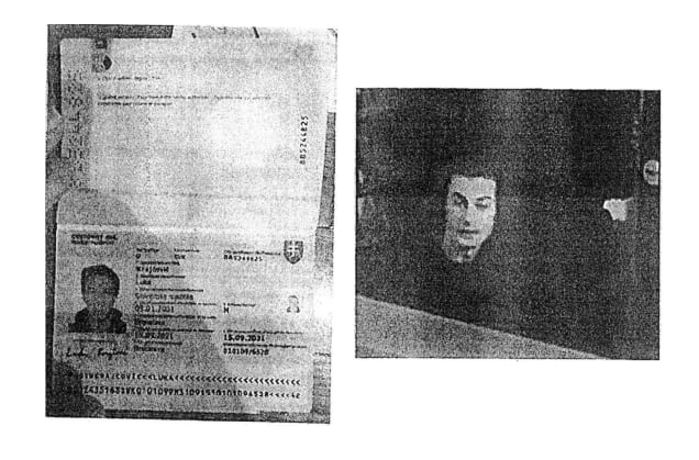 Two grainy images of a passport and a person's face.
