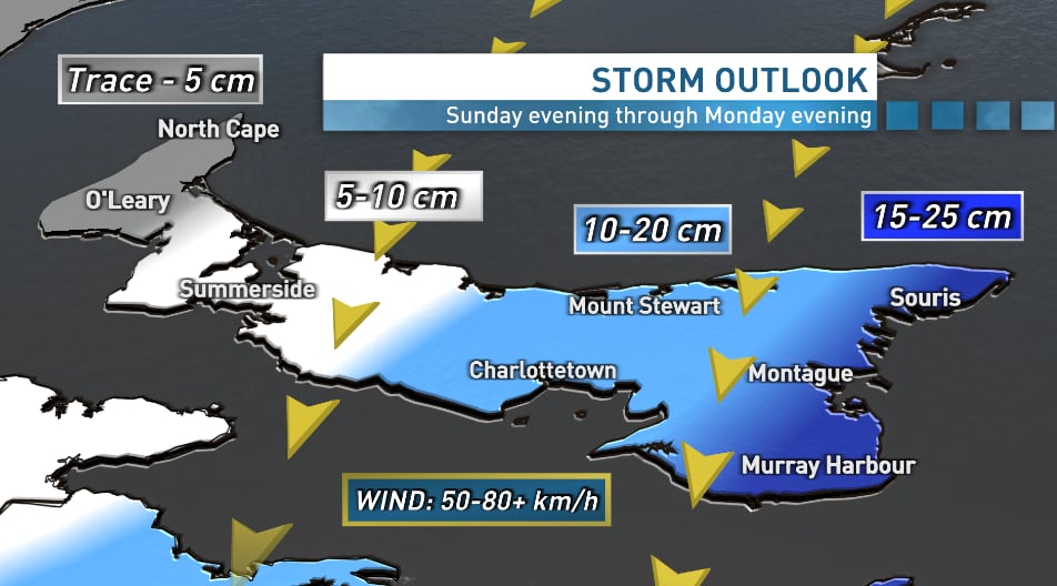 An image of Prince Edward Island shows a storm outlook.