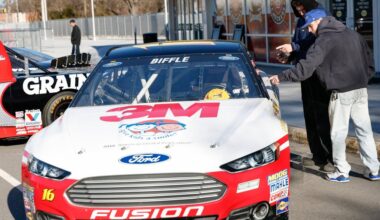 Bailey Kitchens, right, and Noah Teer look at a race car of the late Greg Biffle before a NASCAR Plane Crash Memorial memorial for him, his family and others who died in a plane crash, in Charlotte, N.C., Friday, Jan. 16, 2026. (AP Photo/Nell Redmond)