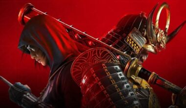 A samurai and shinobi appear in front of a red background.