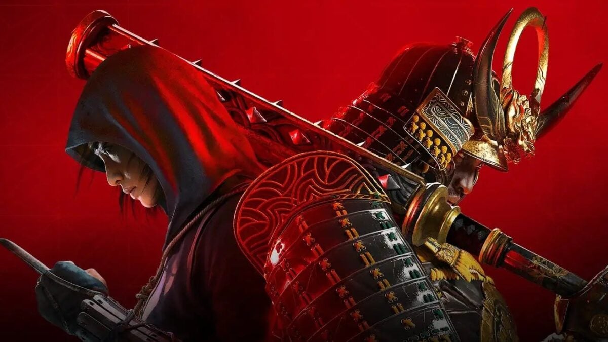 A samurai and shinobi appear in front of a red background.