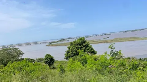Jose Tembe/BBC Flooded landscape by the Inkomati River with a bridge in the distance