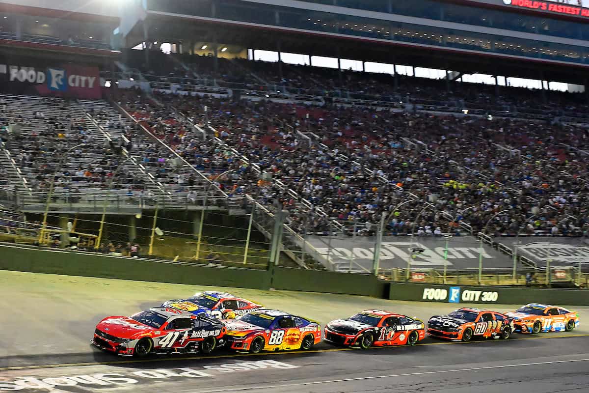 #41: Cole Custer, Haas Factory Team, HaasTooling.com Ford Mustang, #88: Shane Van Gisbergen, Trackhouse Racing, Wendy’s Breakfast Baconator Chevrolet, #1: Ross Chastain, Trackhouse Racing, Moose Fraternity Chevrolet, and #60: Ryan Preece, RFK Racing, Kroger / SToK Ford Mustang